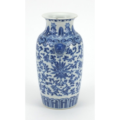 503 - Chinese blue and white porcelain vase with Dog Of Foo handles, profusely hand painted with flowers, ... 