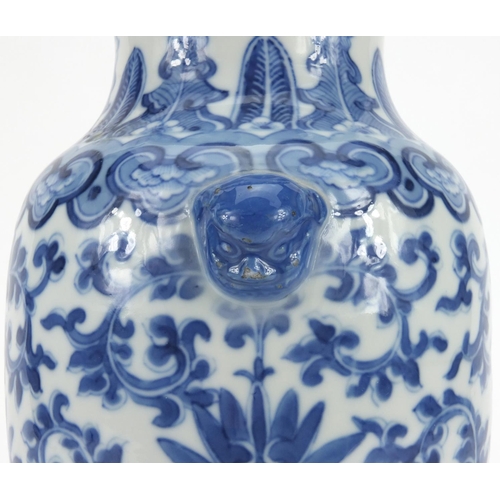 503 - Chinese blue and white porcelain vase with Dog Of Foo handles, profusely hand painted with flowers, ... 