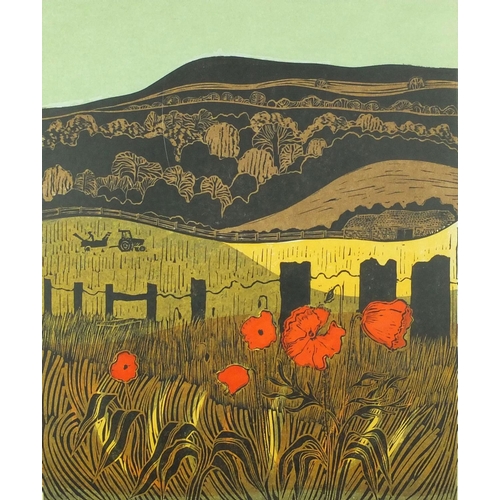 1256 - Robert Tavener - Chanetonbury Ring Sussex Downs, pencil signed limited edition linocut, numbered 19/... 