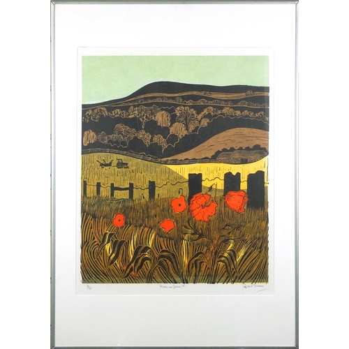 1256 - Robert Tavener - Chanetonbury Ring Sussex Downs, pencil signed limited edition linocut, numbered 19/... 