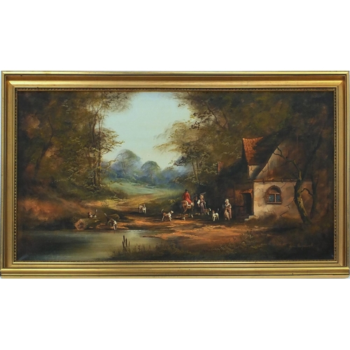 2207 - John Horsewell - Oil onto canvas, huntsmen on horseback with hounds, gilt framed, 90cm x 49cm exclud... 