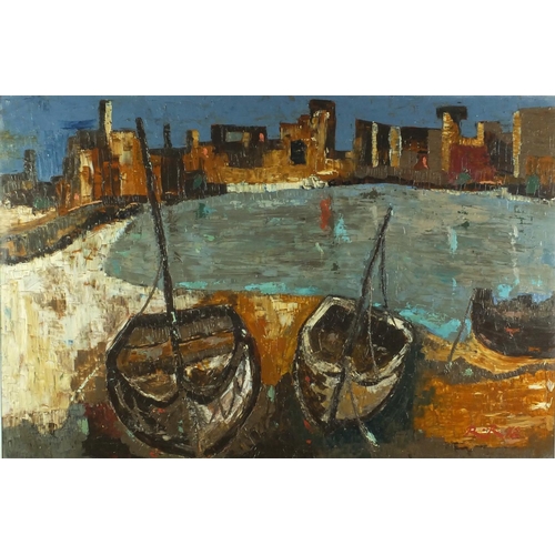 25 - Oil onto board, moored boats in harbour, bearing a monogram R R 72, framed, 74cm x 49cm excluding th... 