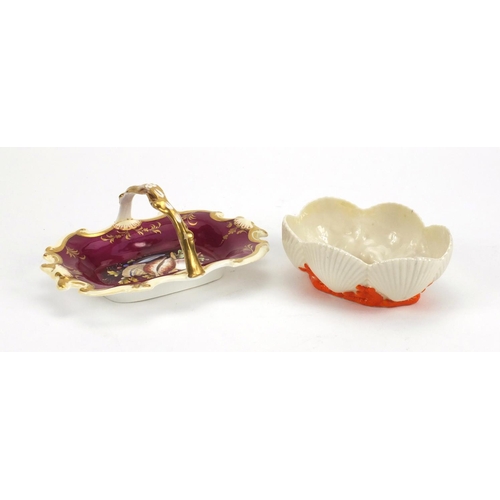 681 - Victorian porcelain basket hand painted with seashells, together with Belleek shell and coral shaped... 