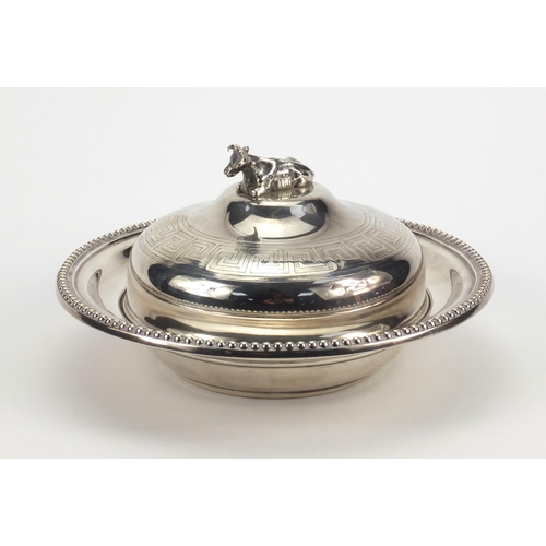 817 - Victorian circular silver muffin dish and cover mounted with a cow and engraved with Greek key desig... 