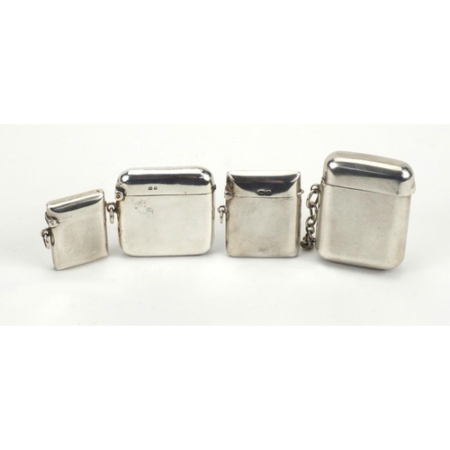 830 - Four rectangular silver vestas various hallmarks, the largest 5.5cm long, approximate weight 141.5g