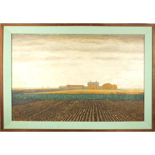 1245 - Oil onto canvas, farm house, bearing a monogram H H T, mounted and framed, 74cm x 50cm excluding the... 