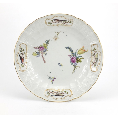 653 - 19th century Meissen porcelain charger, hand painted with birds and flowers, crossword marks to the ... 