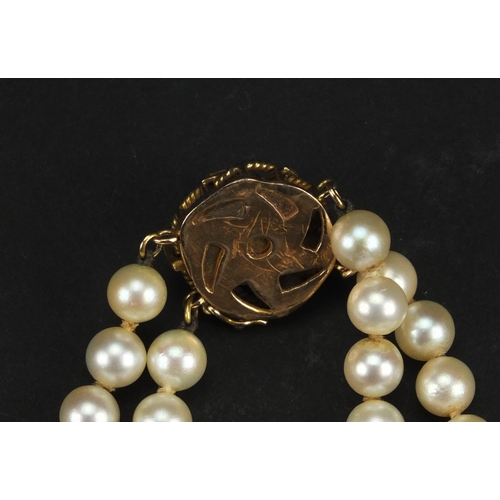 939 - Two string cultured pearl necklace with 14ct gold clasp, 38cm long, approximate weight 44.6g