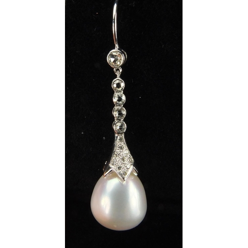 900 - Pair of 18ct white gold pearl and diamond drop earrings, 4.5cm long, approximate weight 9.4g