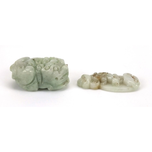 535 - Two Chinese pale jade carvings both of Mythical creatures, the largest 3.8cm in length