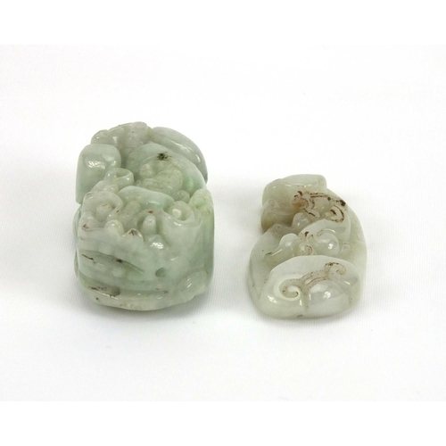 535 - Two Chinese pale jade carvings both of Mythical creatures, the largest 3.8cm in length