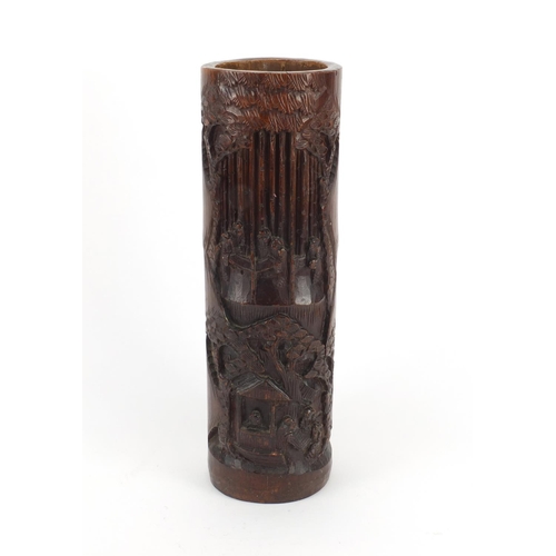 563 - Large Chinese bamboo cylindrical vase carved with figures and trees, 38.5cm high