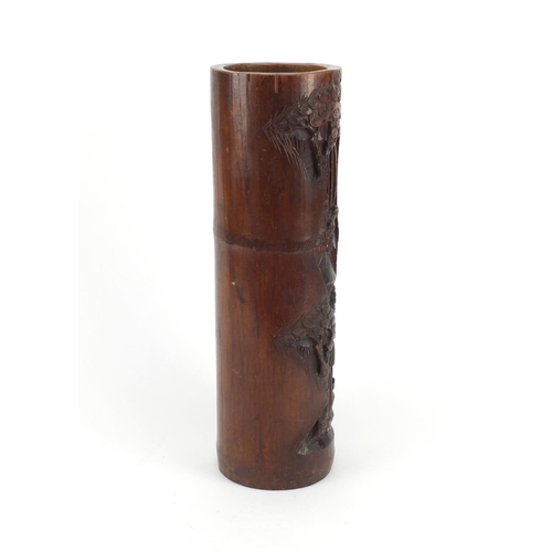 563 - Large Chinese bamboo cylindrical vase carved with figures and trees, 38.5cm high