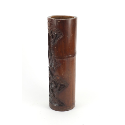 563 - Large Chinese bamboo cylindrical vase carved with figures and trees, 38.5cm high