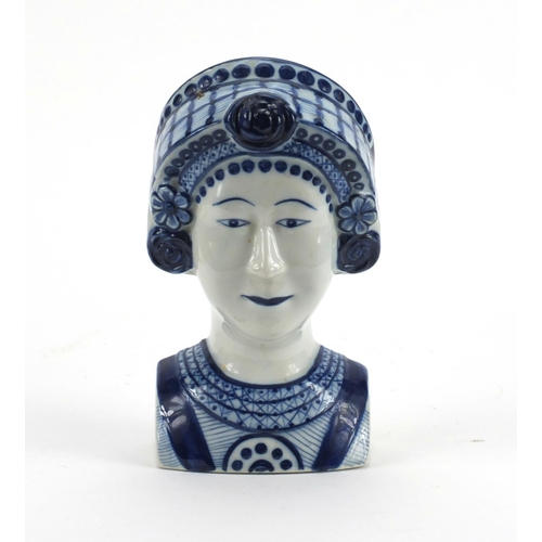 763 - Continental blue and white porcelain wall pocket in the form of a bust of a young female, 18cm high