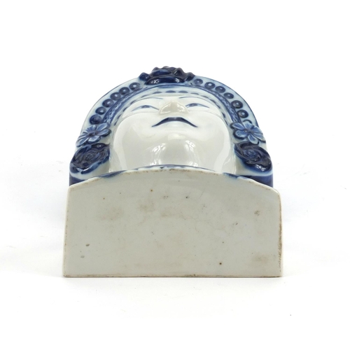 763 - Continental blue and white porcelain wall pocket in the form of a bust of a young female, 18cm high