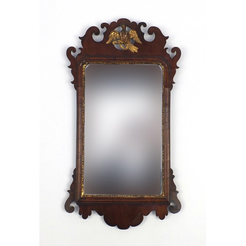 2007 - Georgian walnut mirror with gilded bird crest, 81cm x 45cm
