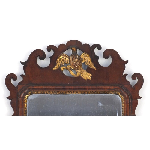 2007 - Georgian walnut mirror with gilded bird crest, 81cm x 45cm