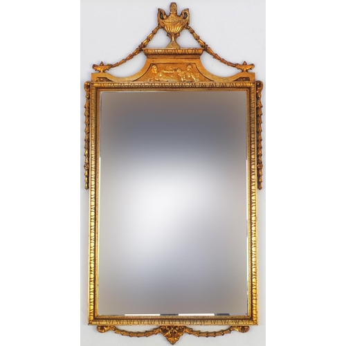 2022 - Rectangular gilt framed bevel edged mirror, decorated with urns, figures and swags, 114cm x 62.5cm