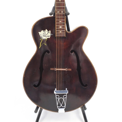 2853 - 1970/80's Korean made wooden acoustic guitar, with Mother of Pearl inlay and hand painted with a ros... 