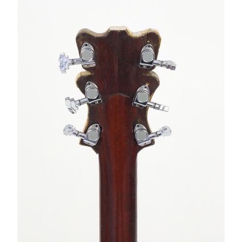 2853 - 1970/80's Korean made wooden acoustic guitar, with Mother of Pearl inlay and hand painted with a ros... 