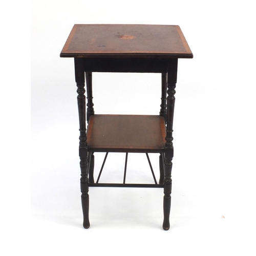 2047 - Liberty inlaid mahogany two tier occasional table on turned legs, 69cm high x 42cm wide x 42cm deep
