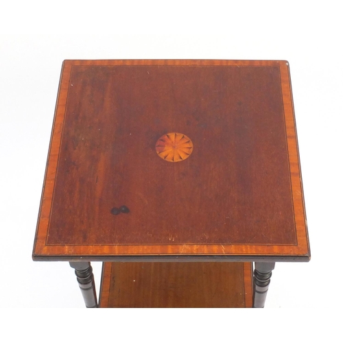 2047 - Liberty inlaid mahogany two tier occasional table on turned legs, 69cm high x 42cm wide x 42cm deep