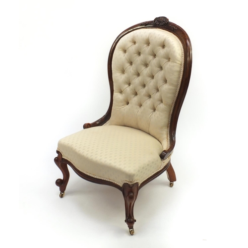 2028 - Victorian carved walnut ladies chair with cream button back upholstery 100cm high