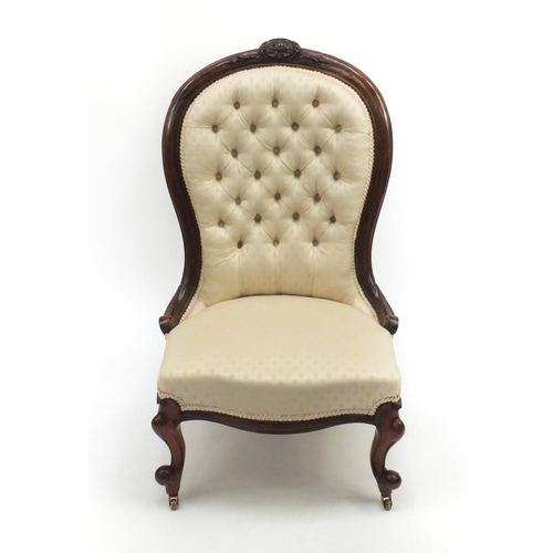 2028 - Victorian carved walnut ladies chair with cream button back upholstery 100cm high