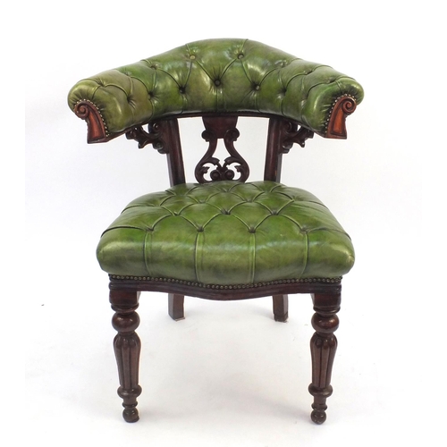 2018 - William IV mahogany elbow library chair, upholstered in green hide on turned fluted legs, originally... 