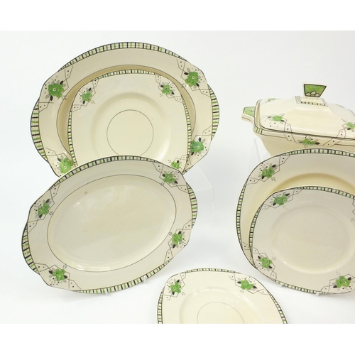 2308 - Art Deco Biarritz pattern dinnerware comprising lidded tureen, plates and platters, each with factor... 