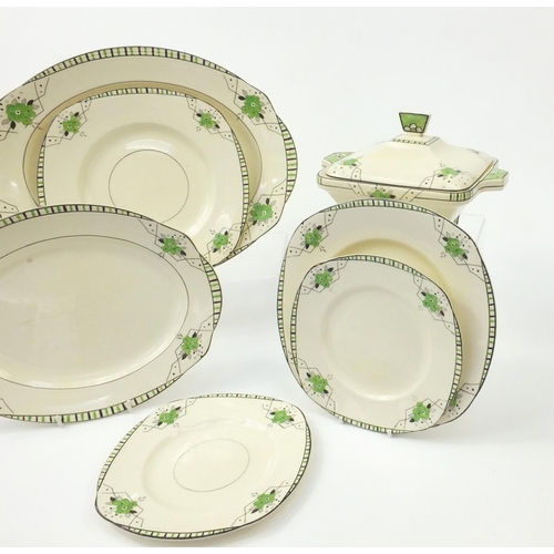 2308 - Art Deco Biarritz pattern dinnerware comprising lidded tureen, plates and platters, each with factor... 