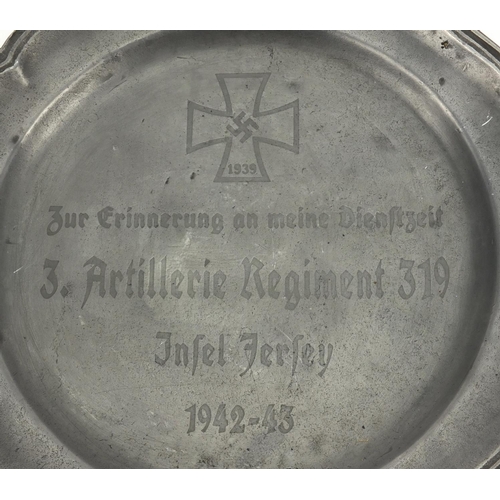 300 - German Military interest pewter plate with engraved inscription motif, 22cm in diameter