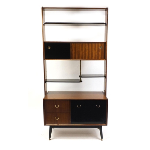 2014 - Vintage G-plan E Gomme shelving unit fitted with various shelves, drawers and sliding doors, 191cm h... 