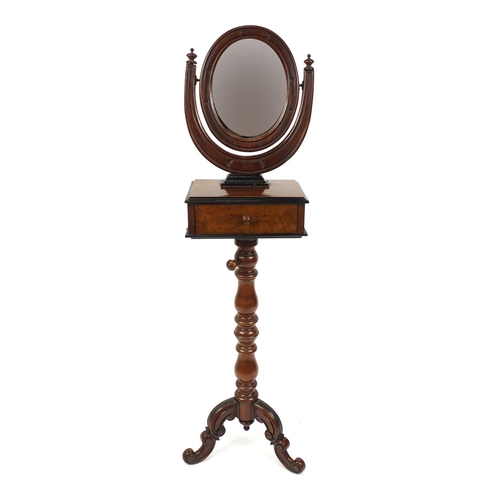 2032 - Victorian walnut adjustable gentleman's shaving stand fitted with an oval swing mirror above pull ou... 