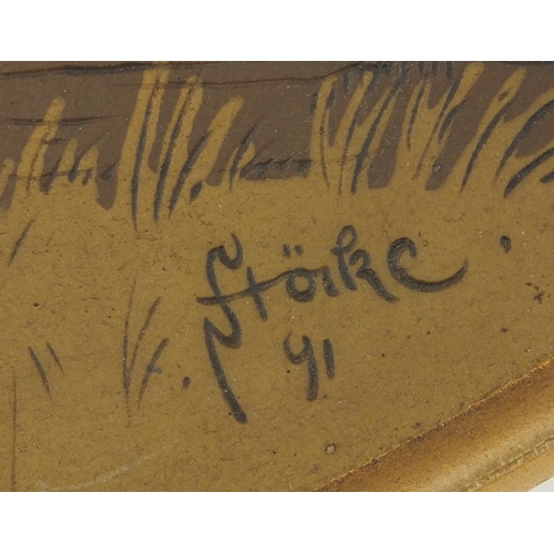 2198 - Mettlach pottery charger decorated with a huntsman and huntswoman, signed Stoikc dated '91, incised ... 