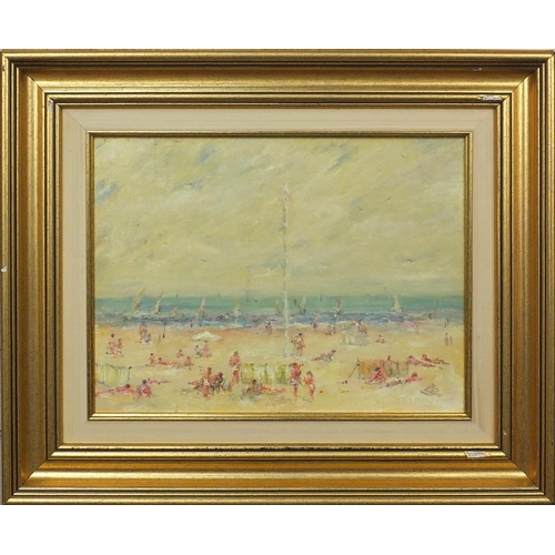 2248 - Continental oil onto board, figures on a beach, bearing a signature W Wysocki, inscribed Jean-Michel... 