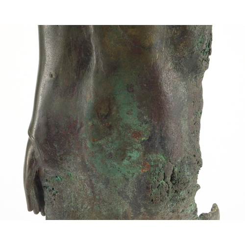 605 - Antique Thai patinated bronze standing figure of Buddha, on a later wooden stand, overall 61cm high