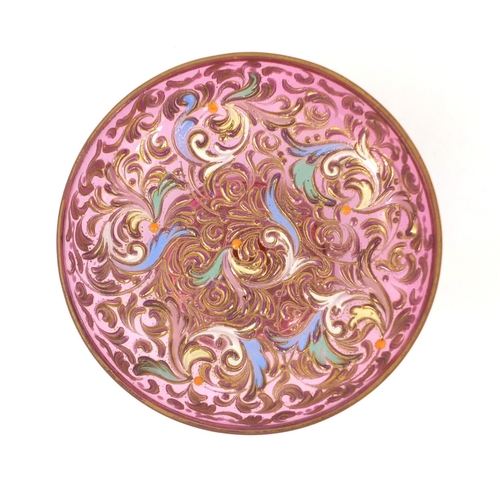 2257 - Pink glass pedestal glass dish, enamelled with floral swags, 7cm high