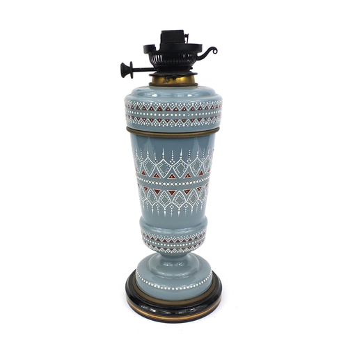 2291 - Opaline grey glass oil lamp with enamelled decoration and duplex burner, 42cm high