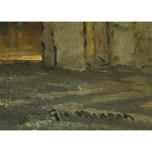 2322 - Unframed oil onto canvas, church interior, bearing a signature Geo Mannen, 48cm x 35cm