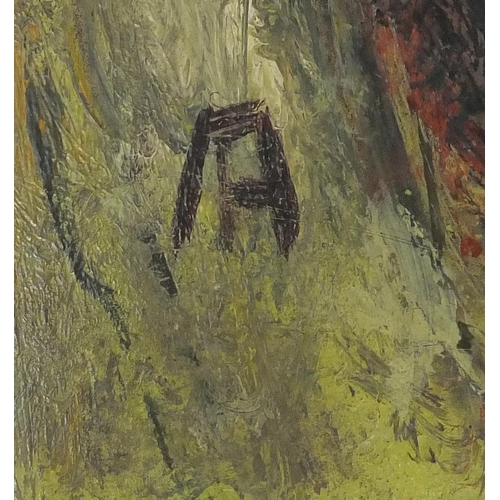 2326 - Unframed oil onto board abstract composition male portrait bearing an indistinct signature, inscribe... 