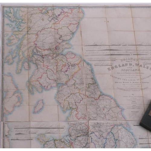 124 - 19th century James Wyld four section folding railway map of England,  hand coloured, with cardboard ... 