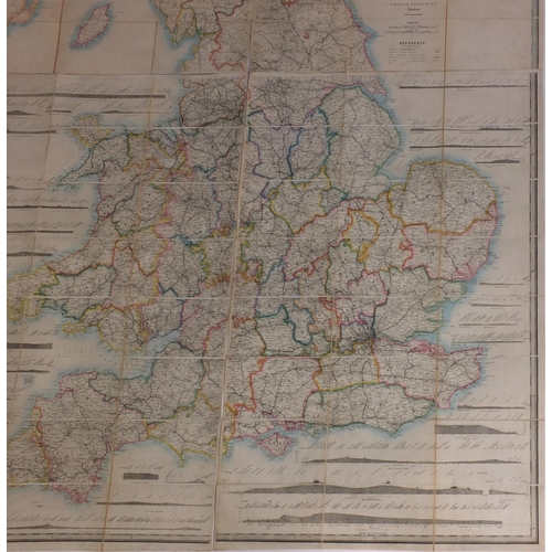 124 - 19th century James Wyld four section folding railway map of England,  hand coloured, with cardboard ... 