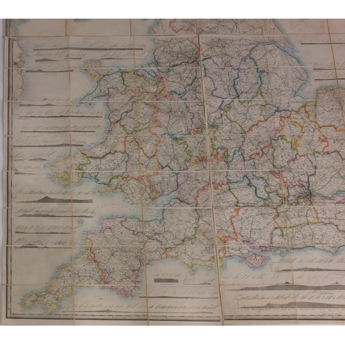 124 - 19th century James Wyld four section folding railway map of England,  hand coloured, with cardboard ... 