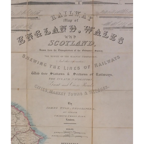 124 - 19th century James Wyld four section folding railway map of England,  hand coloured, with cardboard ... 