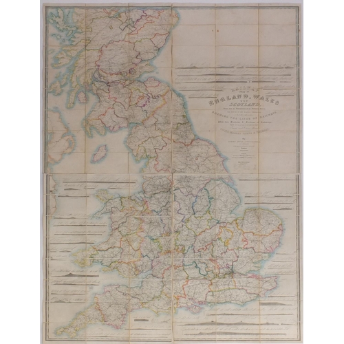 124 - 19th century James Wyld four section folding railway map of England,  hand coloured, with cardboard ... 