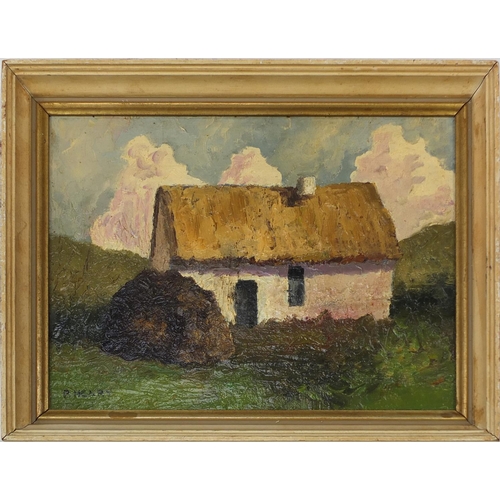 2244 - Oil onto board, cottage in Connemara, bearing a signature P Henry, label verso, framed, 27cm x 21cm ... 