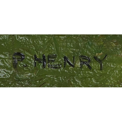 2244 - Oil onto board, cottage in Connemara, bearing a signature P Henry, label verso, framed, 27cm x 21cm ... 