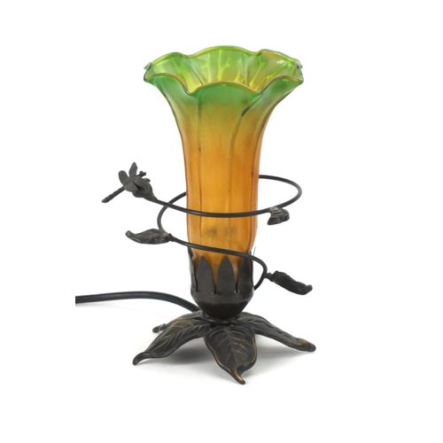 2219 - Art Nouveau style three branch desk lamp together with a desk lamp, all with orange and green frille... 